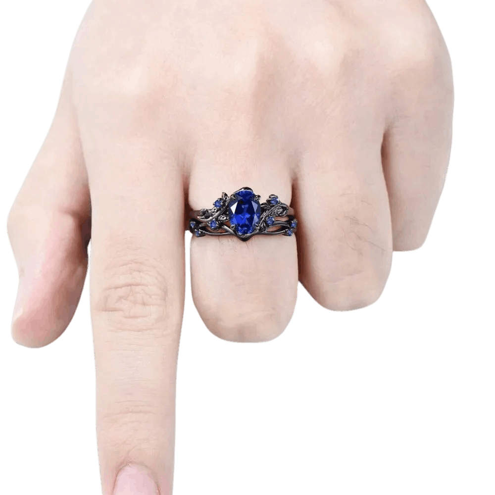 Bague viking set 2 pièces zircon cristal bleu acier noir et or vue 2