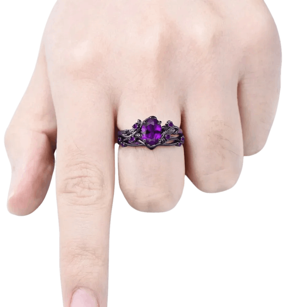 Bague viking set 2 pièces zircon cristal violet acier noir et or vue 2