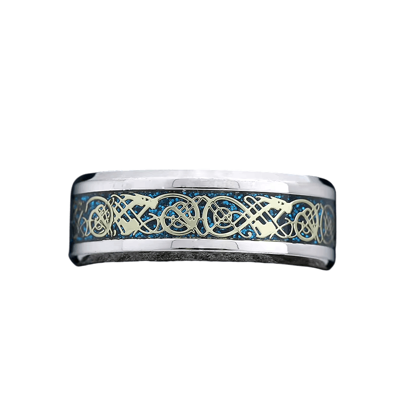 Alliance plate de 8 mm en acier poli, bande d'entrelacs dorés sur fond bleu, bords biseautés