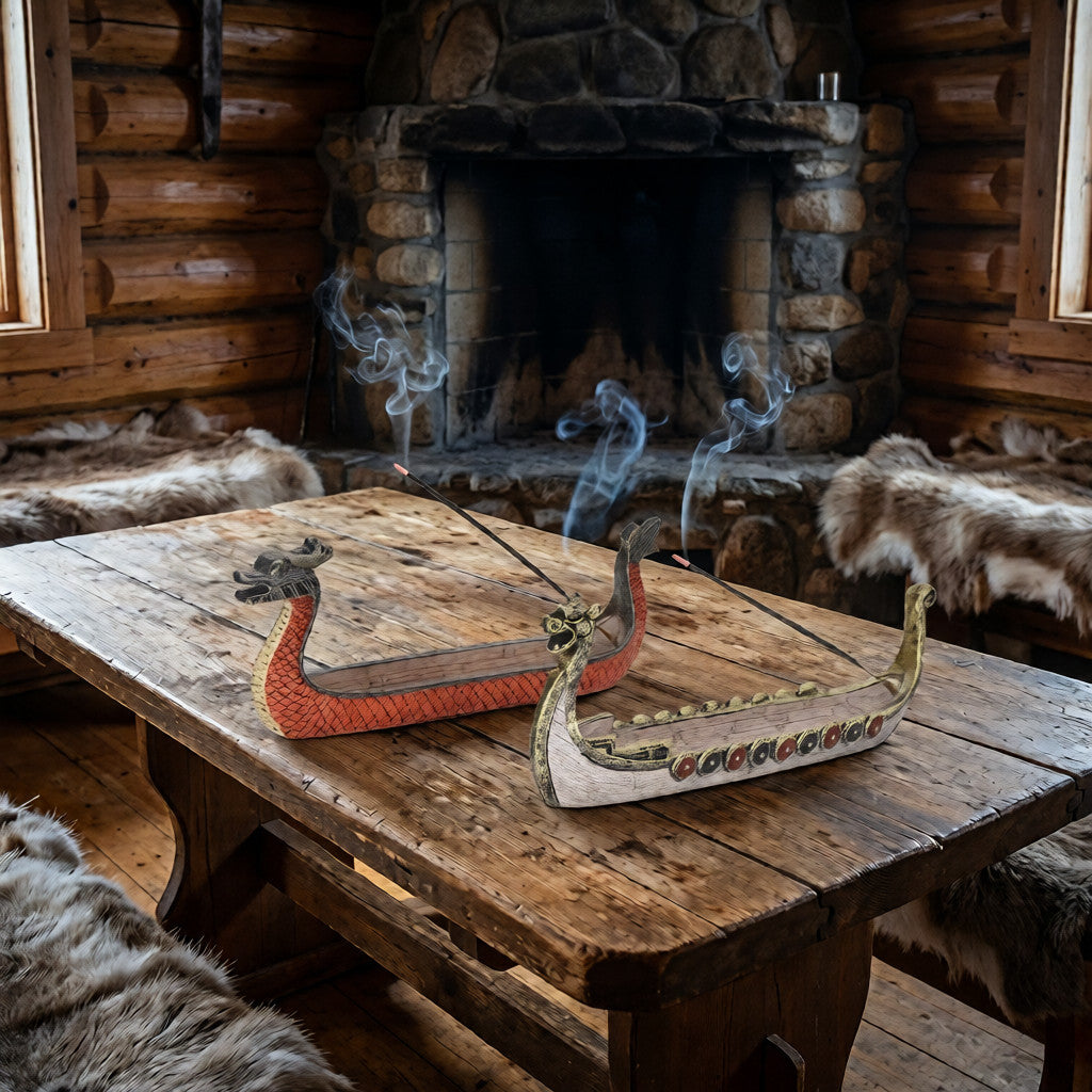 Mise en situation d'un ornement de bateau dragon viking rouge et blanc avec fumée d'encens sur une table en bois massif, créant une décoration viking chaleureuse et mystique.