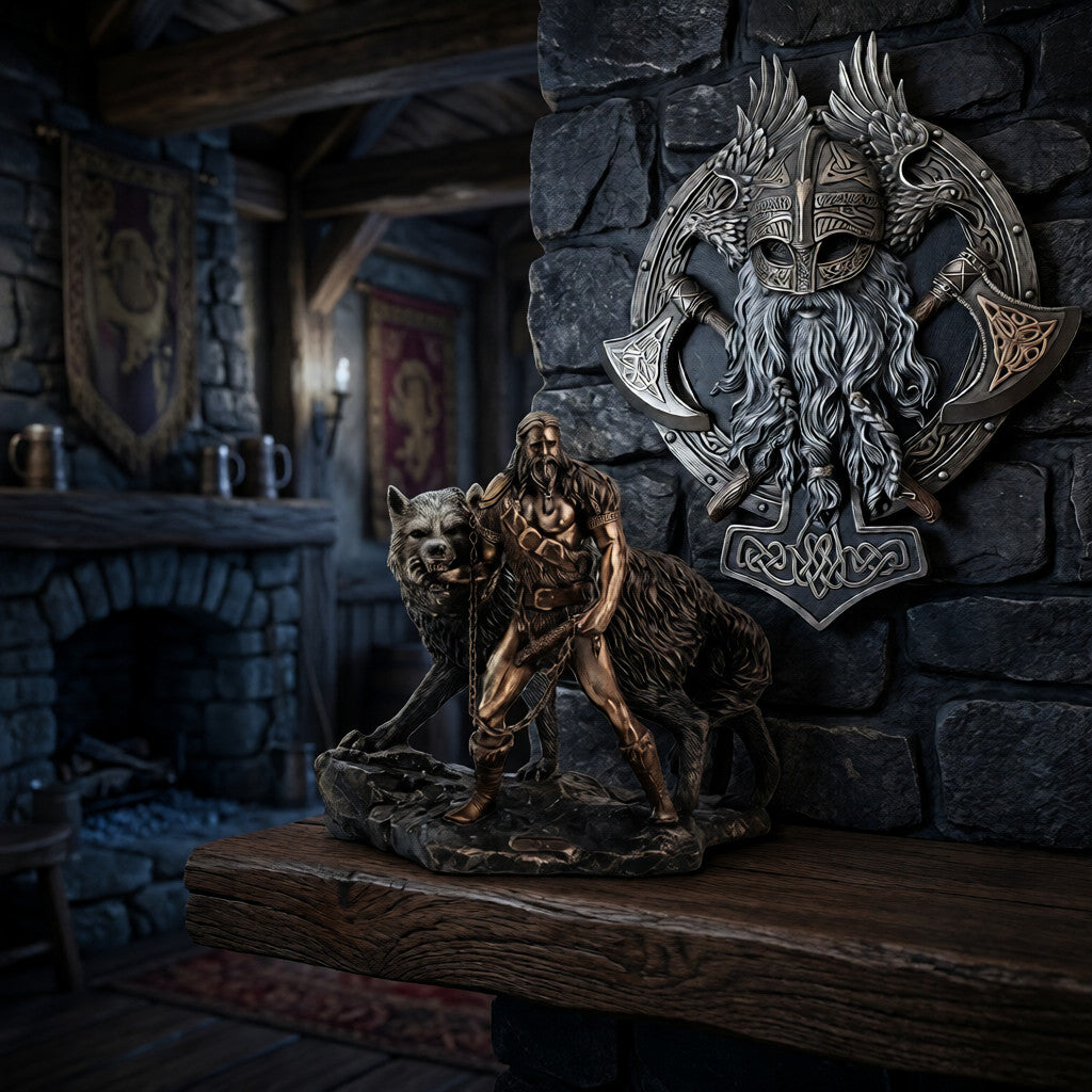 Décoration viking authentique présentant la statue de Týr face au loup Fenrir sur un manteau de cheminée et la plaque murale protectrice d'Odin et Thor sur un mur en pierre rustique.