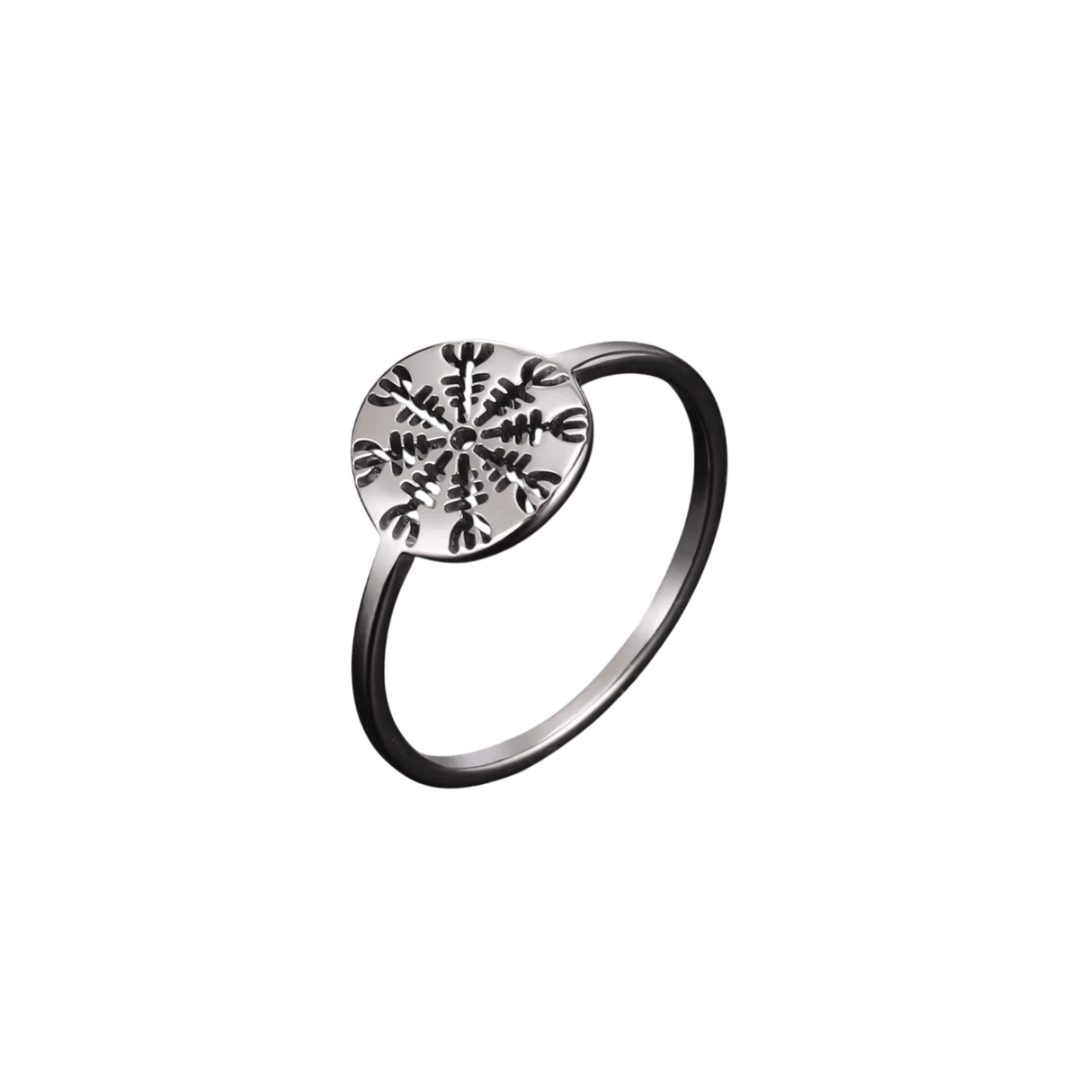 Bague Ægishjálmur : Plateau Rond Gravé, Acier, vue de détail sur fond blanc