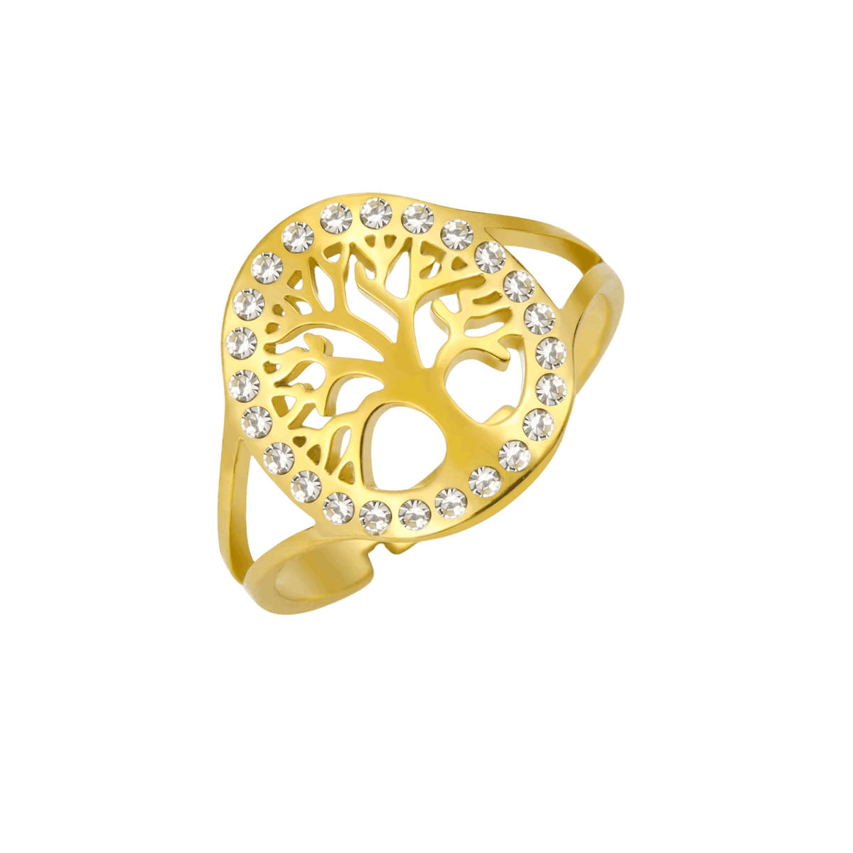 Bague Arbre de Vie : Cercle de Zircons, Dorée, vue de détail sur fond blanc