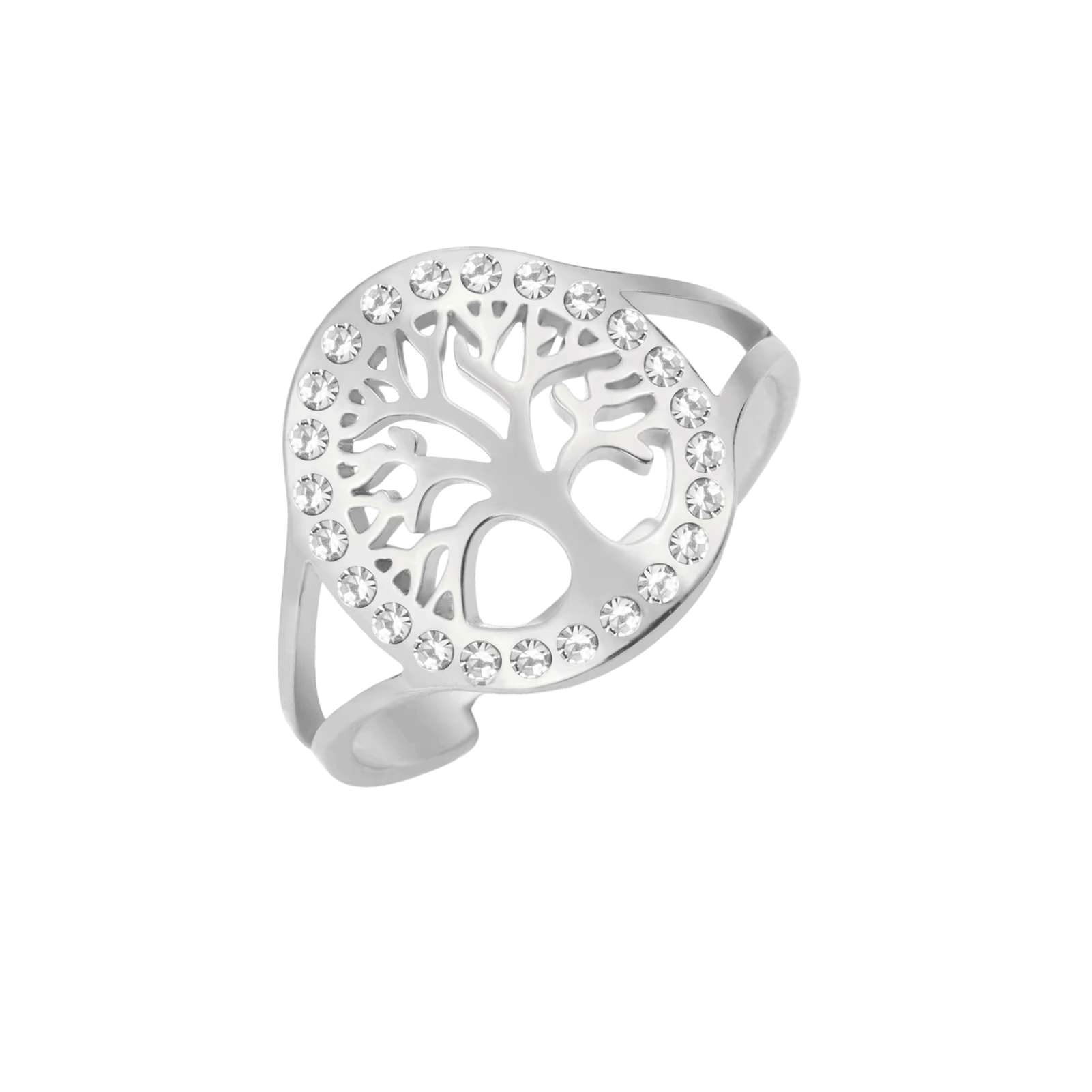 Bague Arbre de Vie : Cercle de Zircons, Dorée, vue de détail sur fond blanc