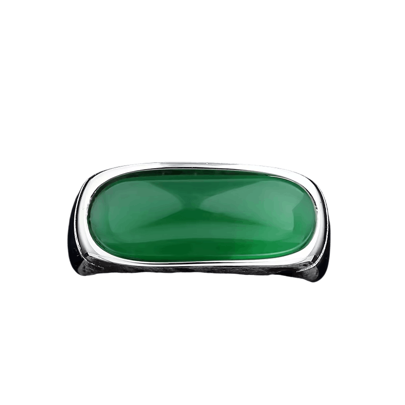 Bague en acier inoxydable poli sertie d'un cabochon vert ovale allongé