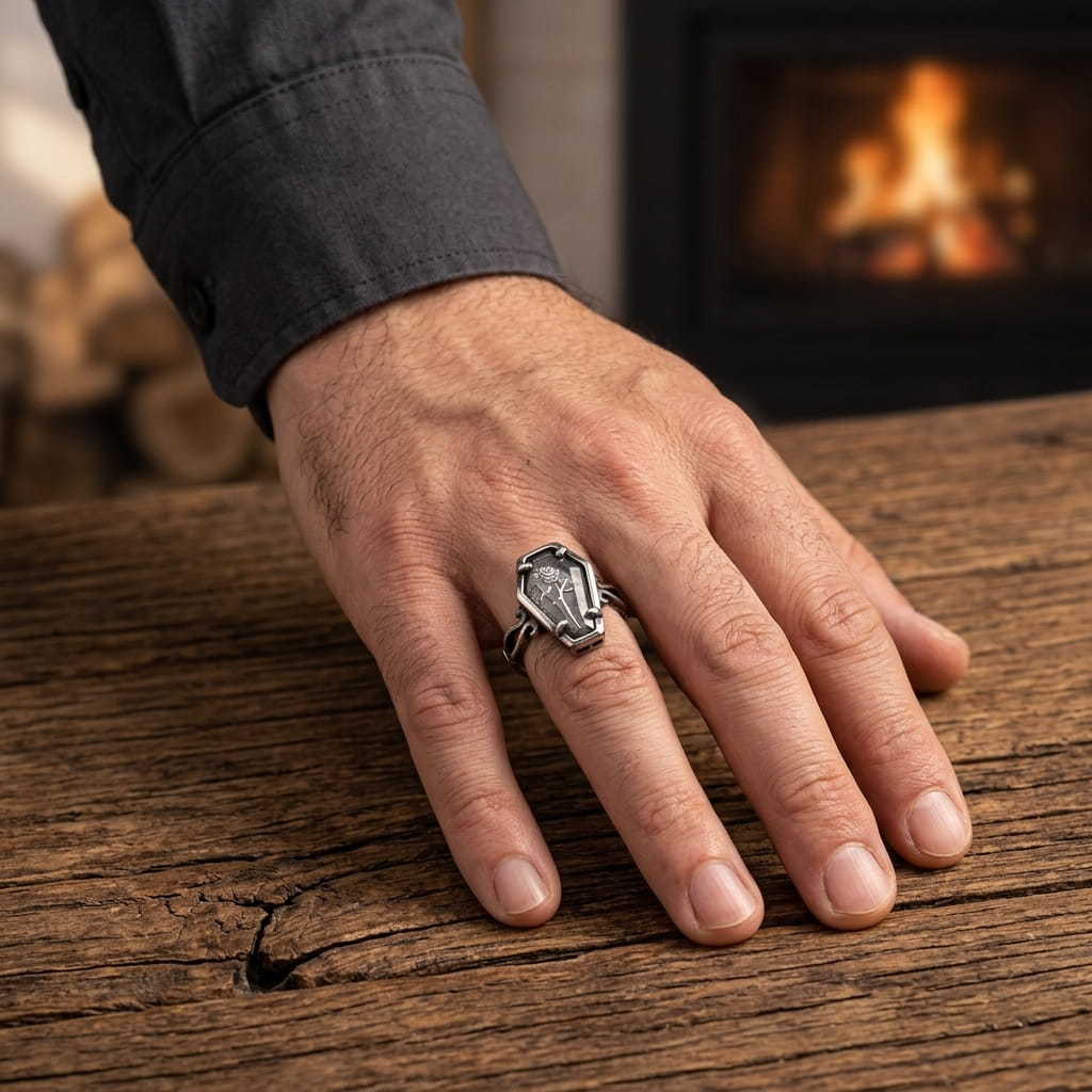 Bague cercueil à rose sous verre portée au doigt, main posée sur une table en bois