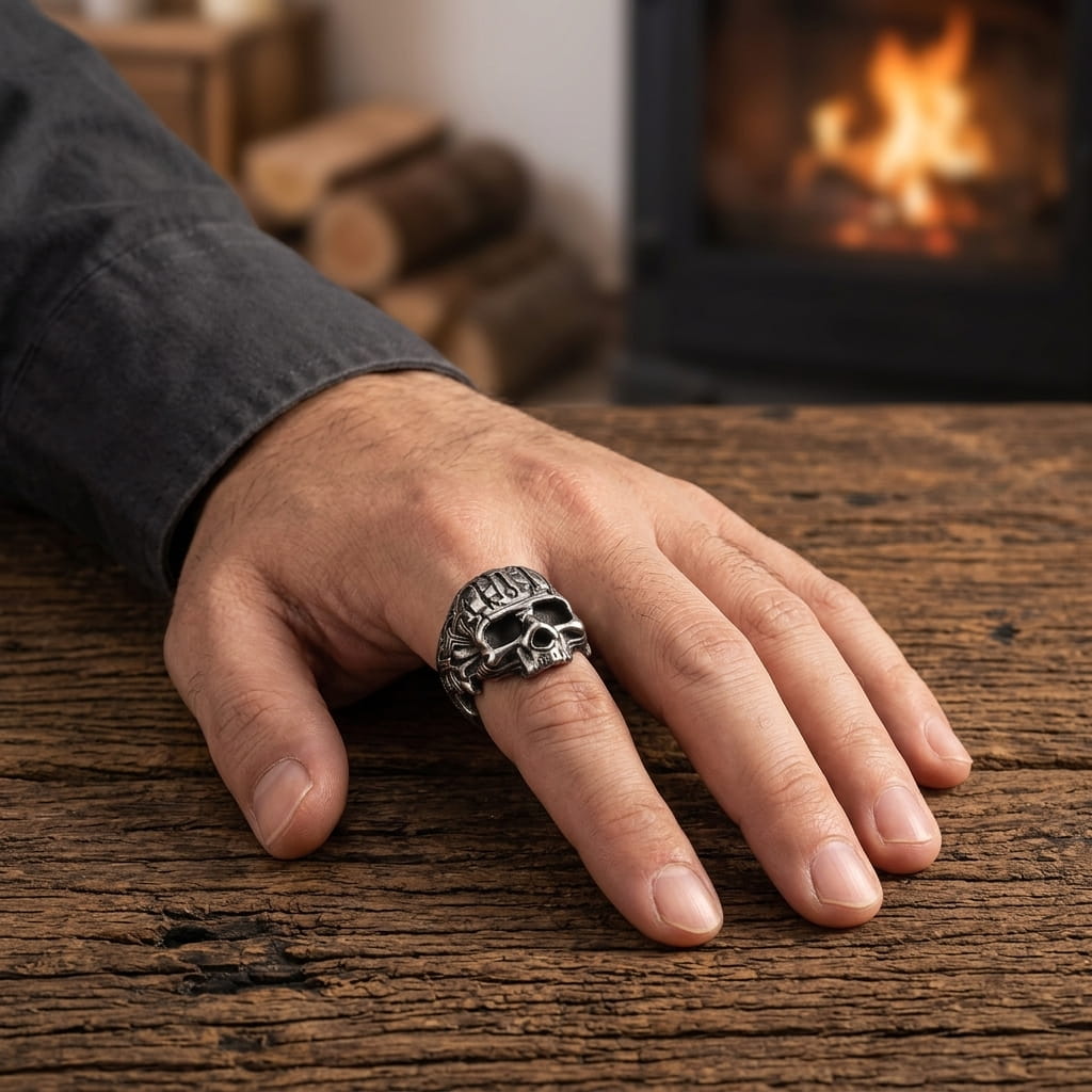 Bague tête de mort gravée en acier portée au doigt, main posée sur une table en bois près du feu