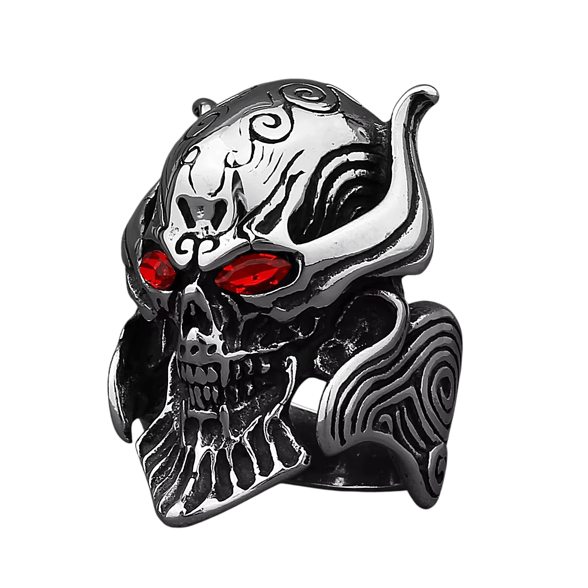 Bague crâne en acier inoxydable grand format, versions yeux noirs et yeux rouges côte à côte, sur fond blanc