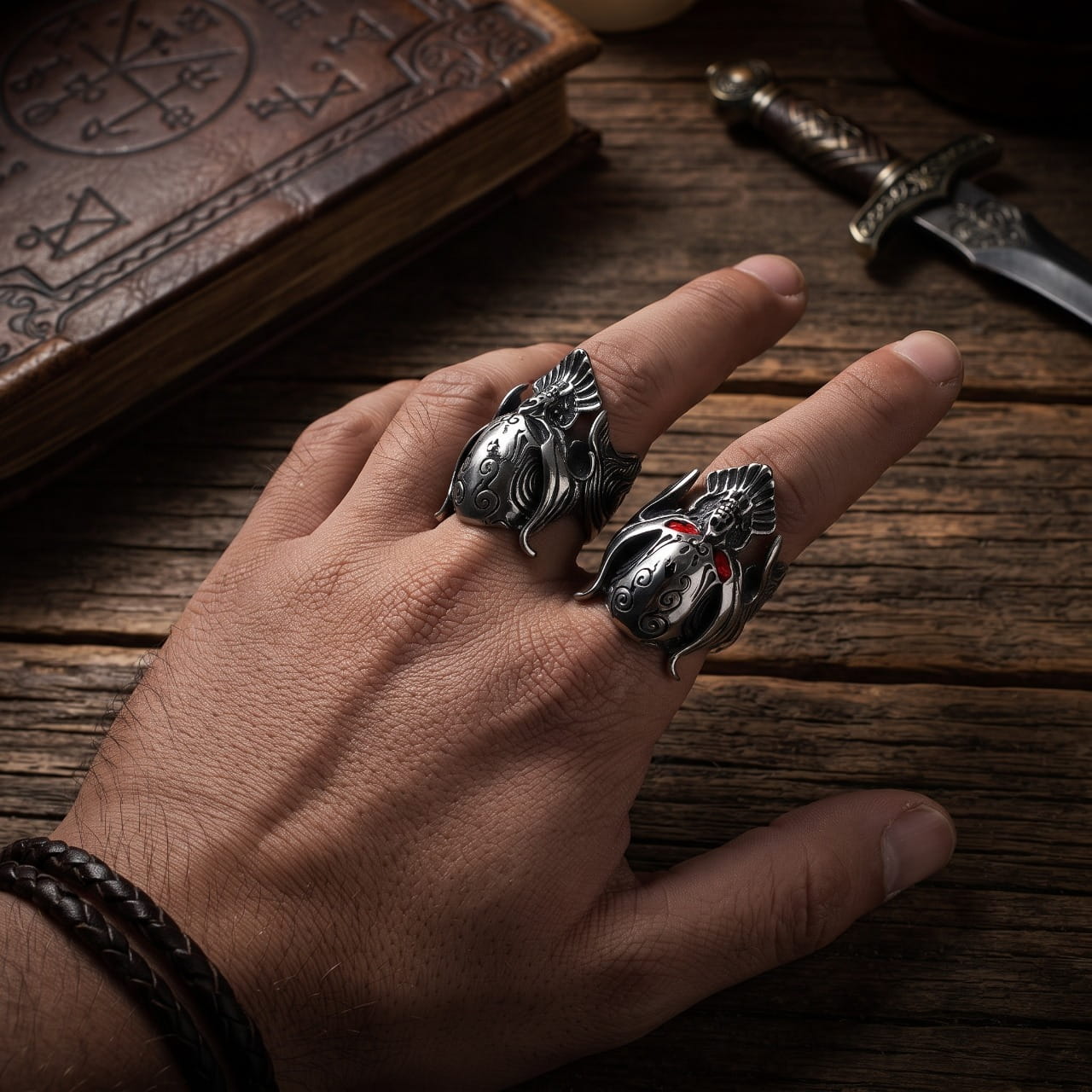 Bague massive en acier, crâne sculpté aux yeux rouges, portée à la main d'un homme
