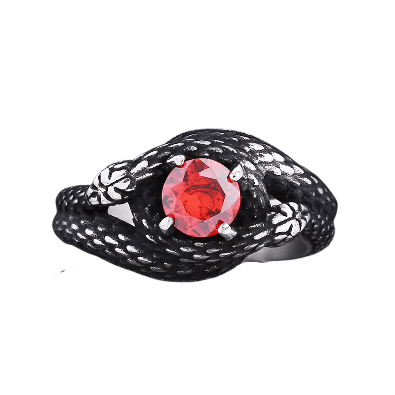 Bague en acier noirci, deux serpents aux écailles polies enlacés autour d'une pierre facettée (rouge)