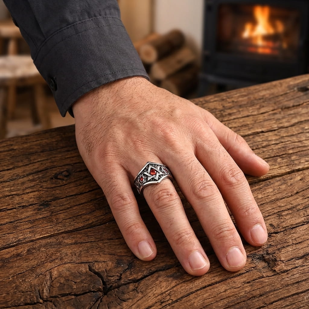 Bague en acier à étoile à six branches et pierres rouges portée au doigt, main posée sur une table en bois