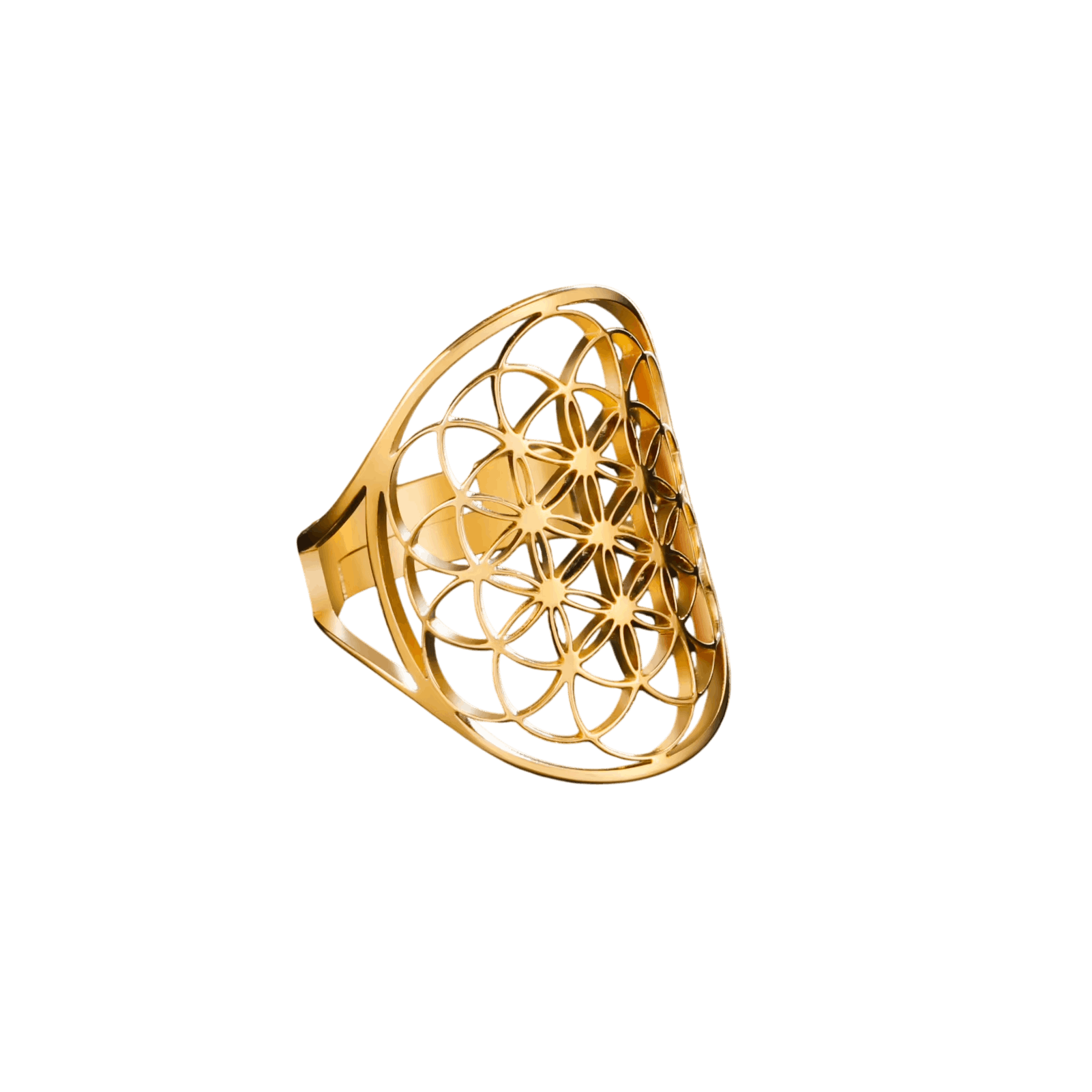 Bague Fleur de Vie Ajourée : Large Plateau, Dorée, vue de détail sur fond blanc