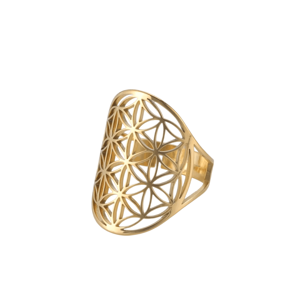 Bague Fleur de Vie Bombée : Acier Argenté, vue de détail sur fond blanc
