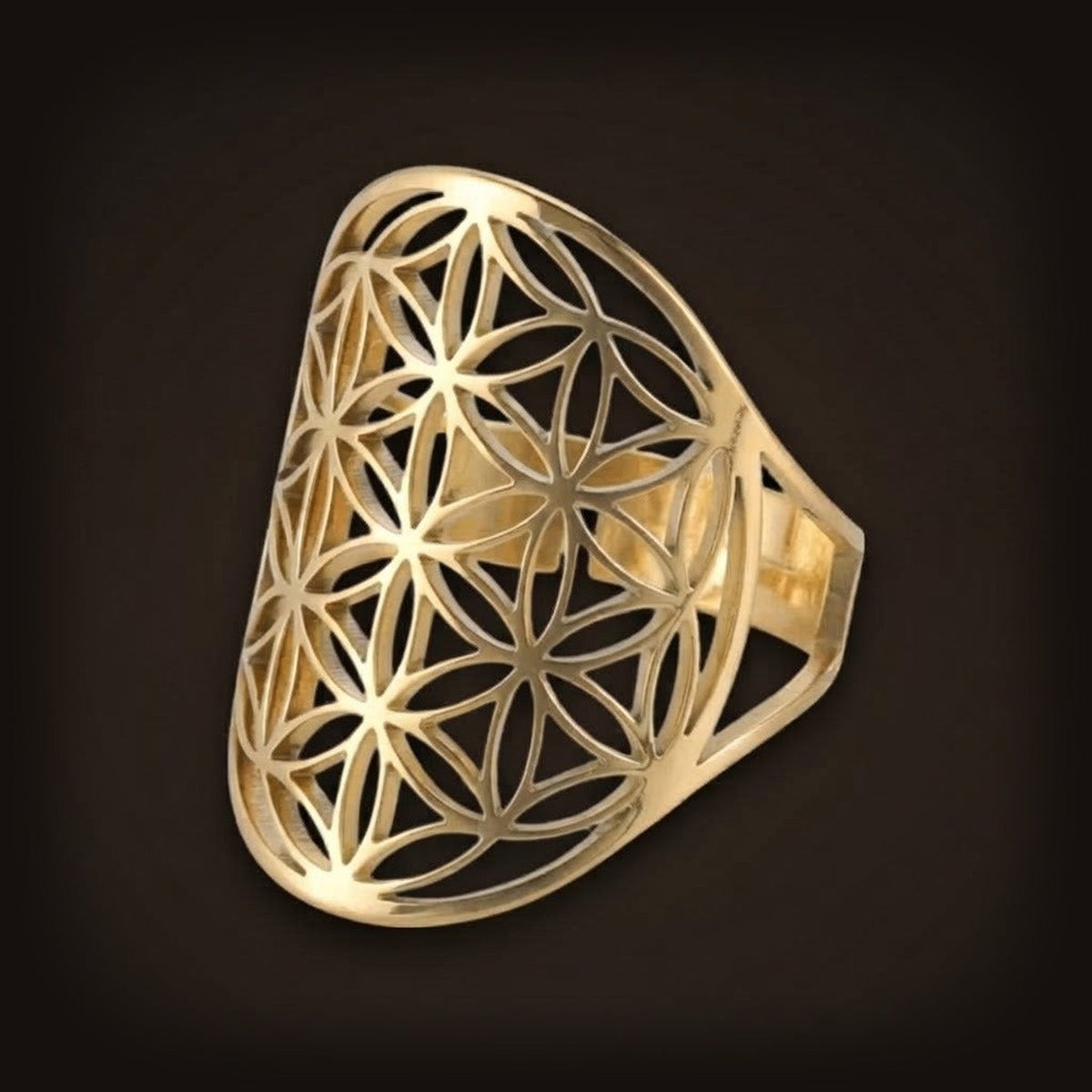 Bague Fleur de Vie bombée en acier, version dorée