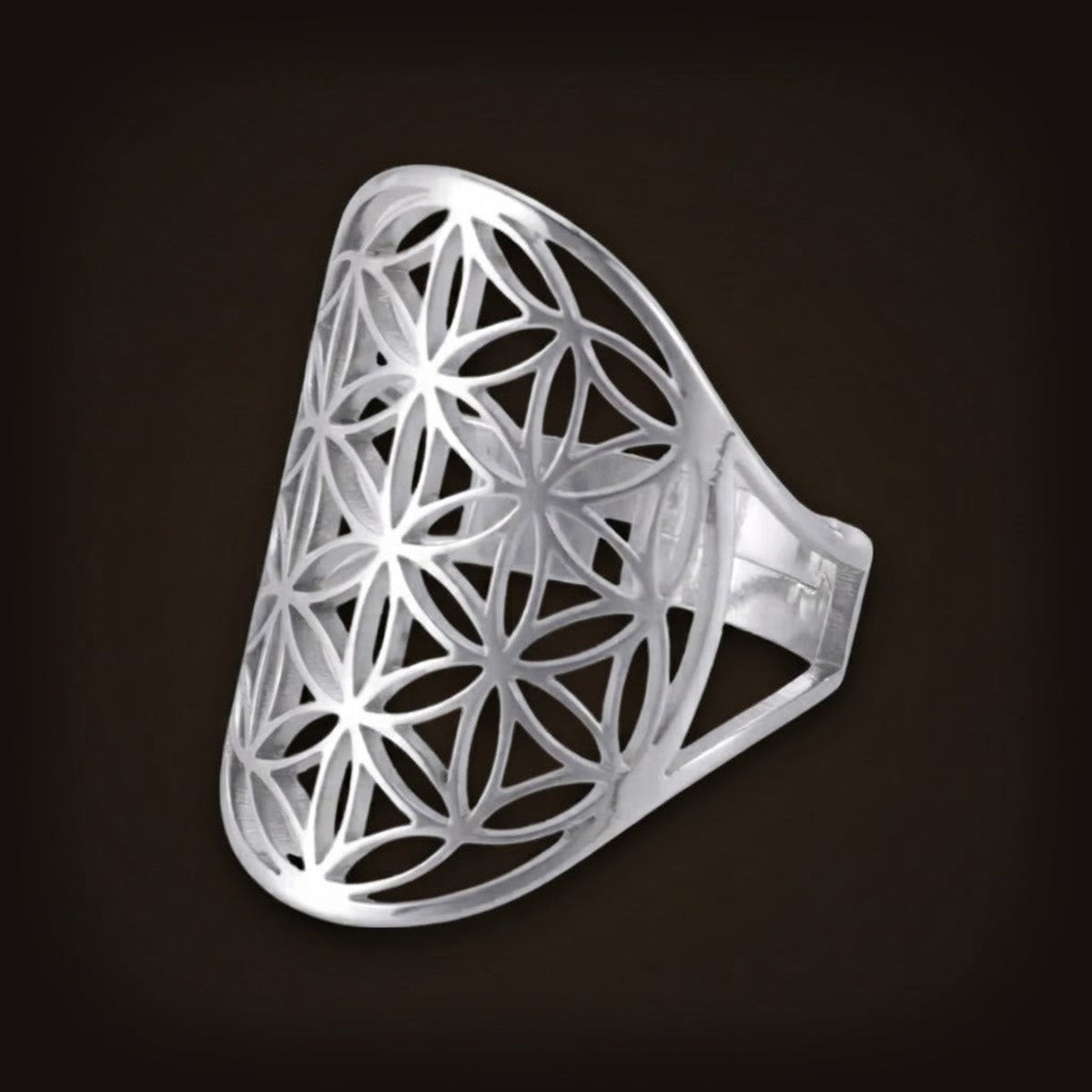 Bague Fleur de Vie bombée en acier, version argentée