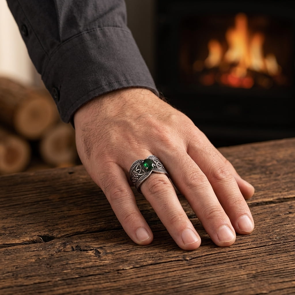 Bague large à entrelacs et triquetras avec pierre verte portée au doigt, main sur une table en bois