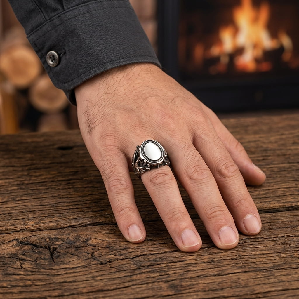 Bague à pierre blanche ovale et épaules sculptées de crânes portée au doigt, main sur une table en bois