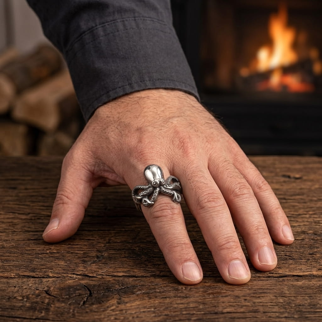 Bague pieuvre sculptée en acier portée au doigt, main posée sur une table en bois près du feu