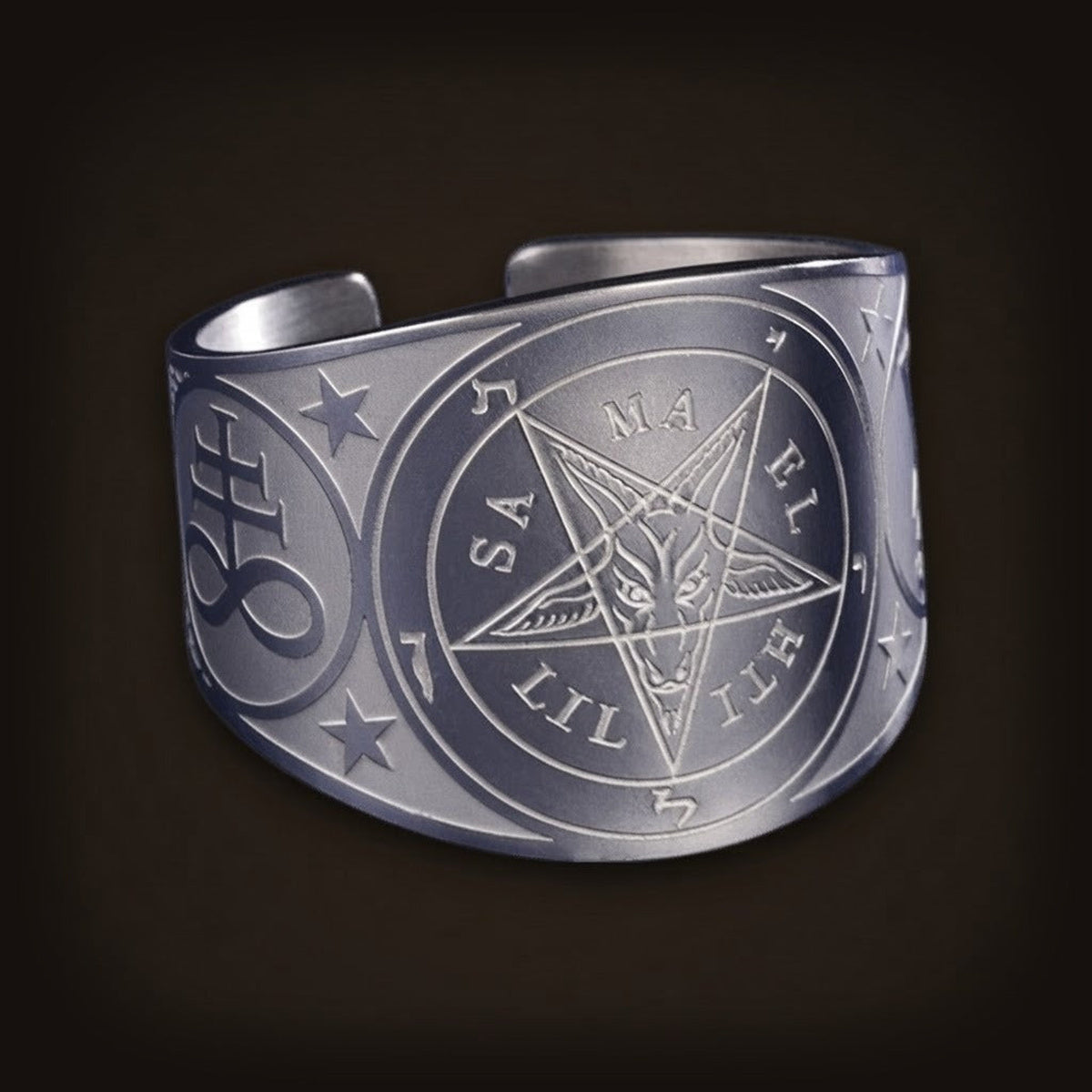 Bague Sigil de Baphomet : Ouverte, Acier Argenté
