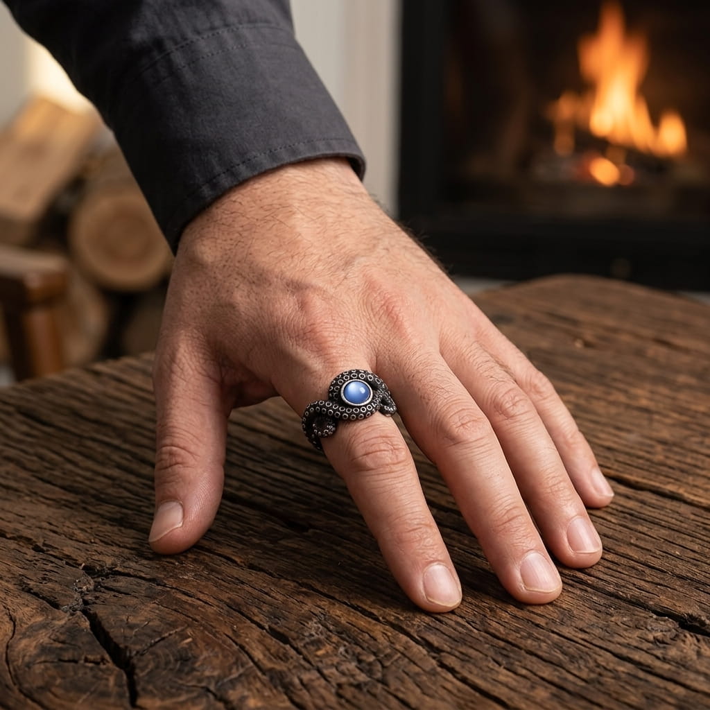 Bague tentacule de kraken en acier noirci à pierre bleue portée au doigt, main sur une table en bois