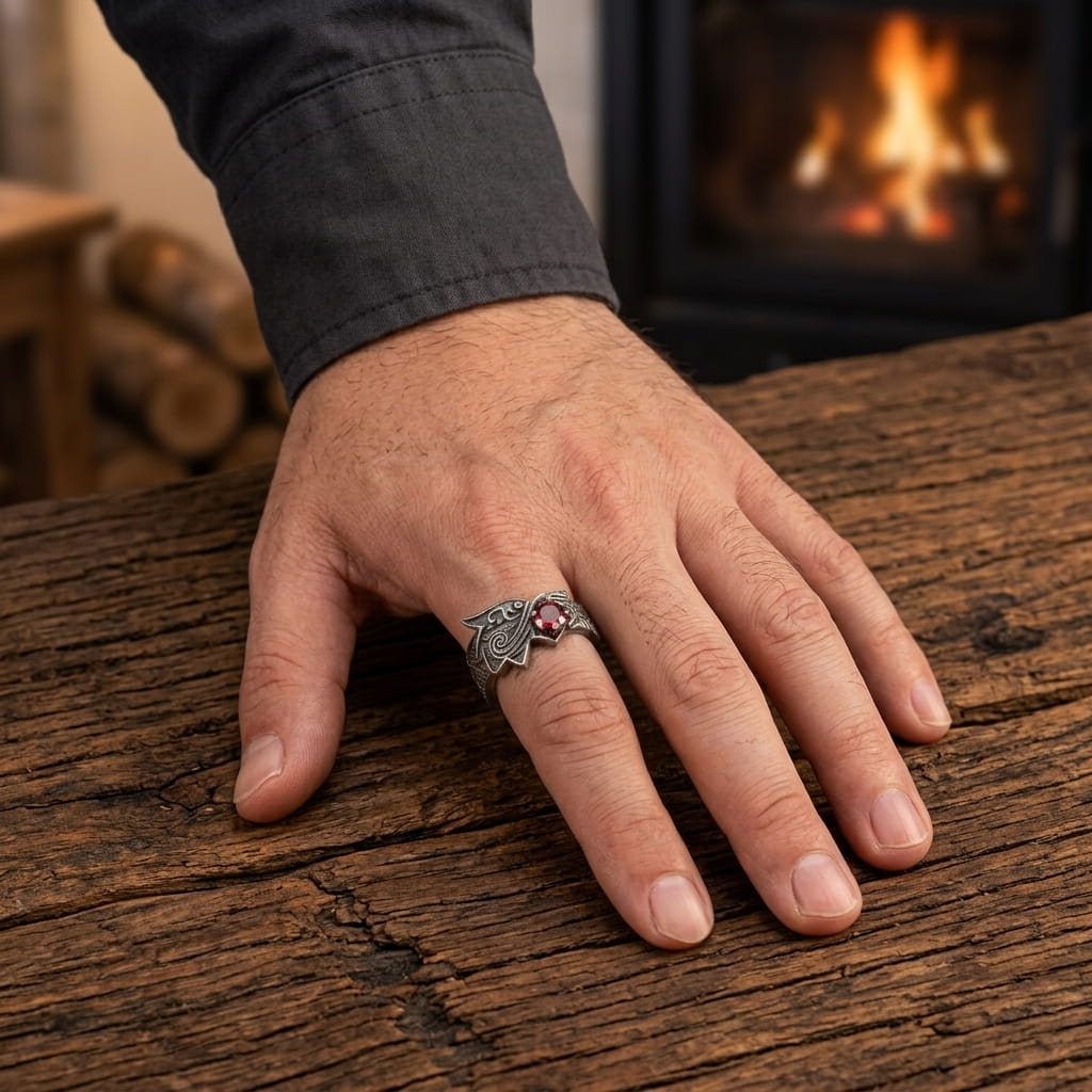 Bague tête de dragon en acier à œil rouge portée au doigt, main posée sur une table en bois