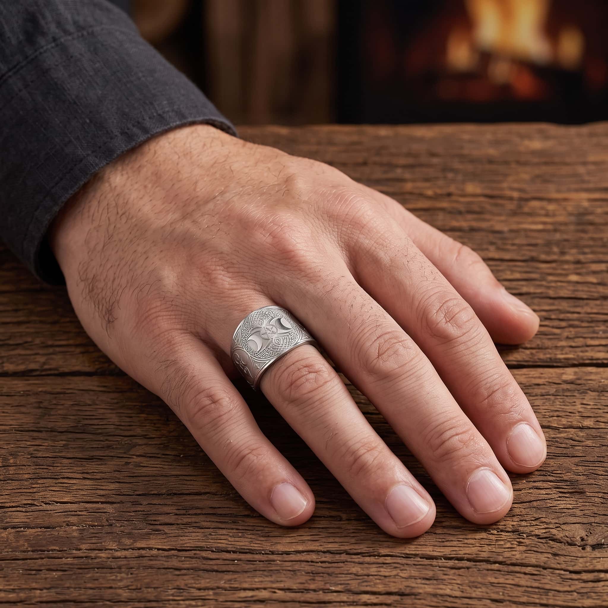 Bague Triple Lune : Ouverte, Acier Argenté, portée au doigt