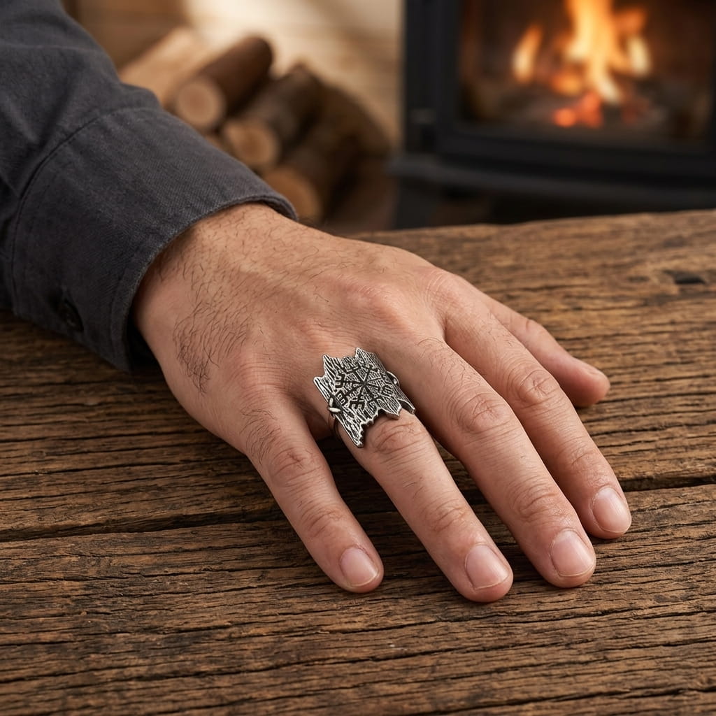 Bague Vegvísir sur grande plaque d'acier façon écorce, portée au doigt près d'un feu de cheminée