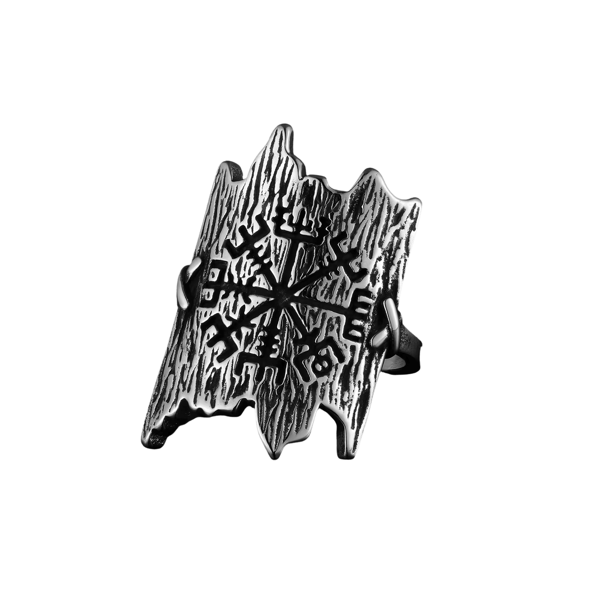 Bague Vegvísir en acier inoxydable vieilli, plaque texturée façon écorce et gravure noircie
