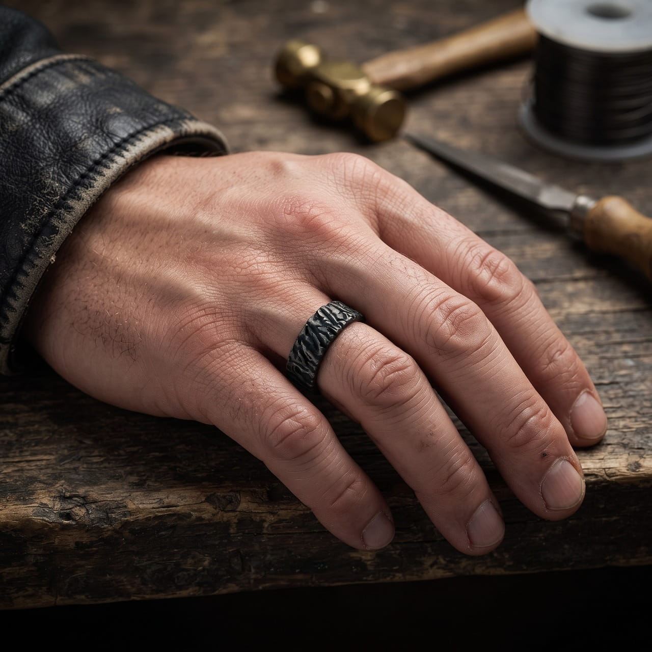 Anneau en acier noirci à texture écorce et runes porté à l'annulaire d'une main d'homme, manche de cuir et outils