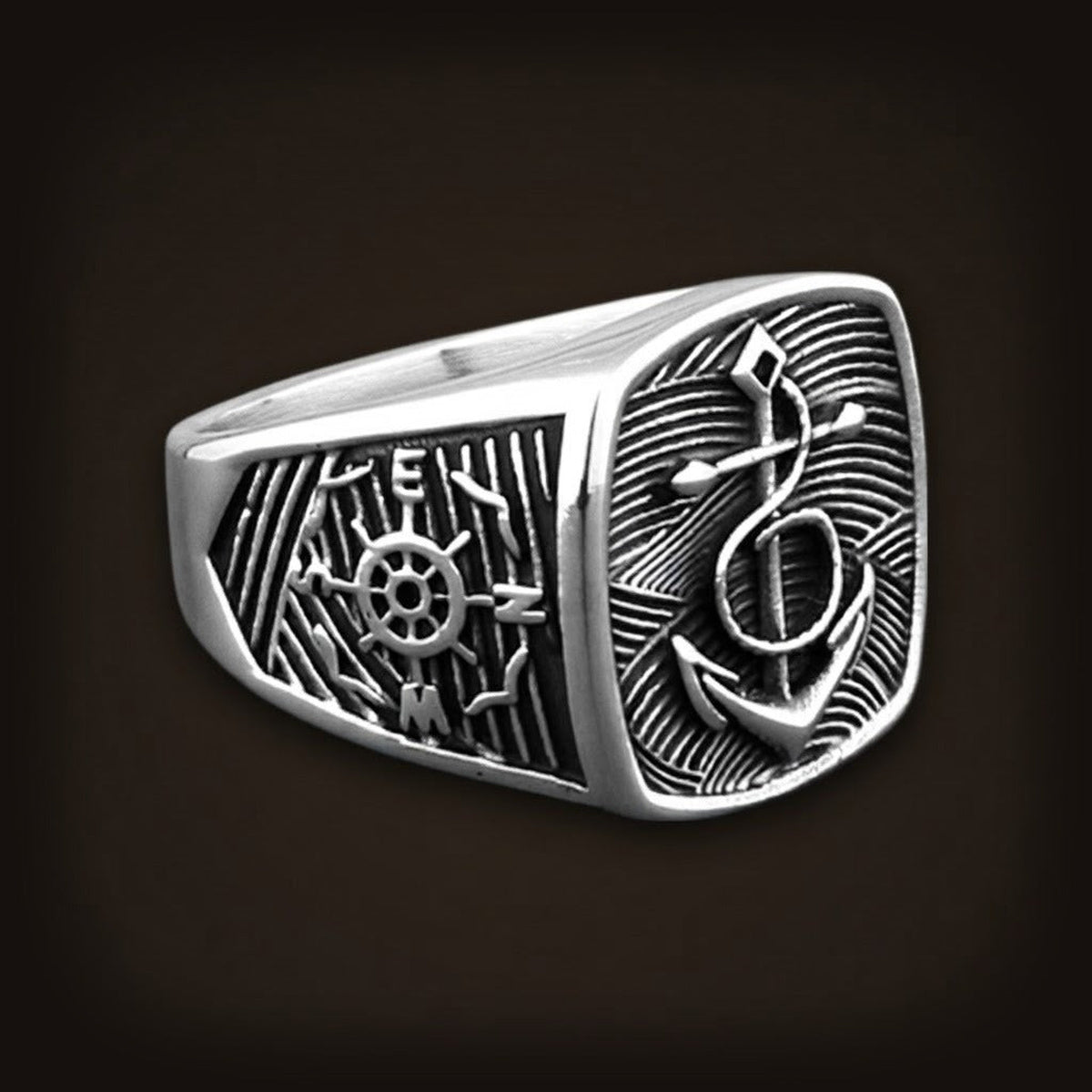 Bague viking chevalière ancre et compas marin gravés en acier inoxydable