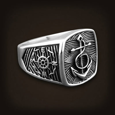 Bague Viking Chevalière Ancre Compas Marin Acier