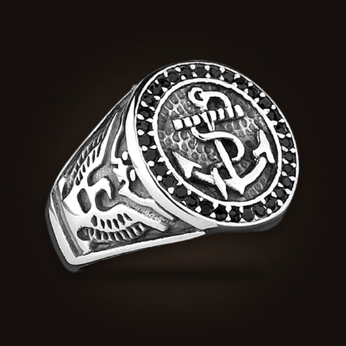 Bague viking chevalière ancre marine avec pierres noires en acier inoxydable