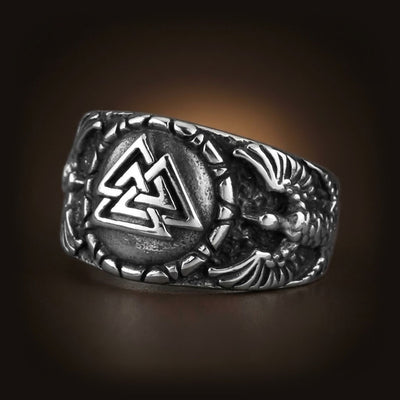 Bague Viking Chevalière Corbeau et Valknut — Acier