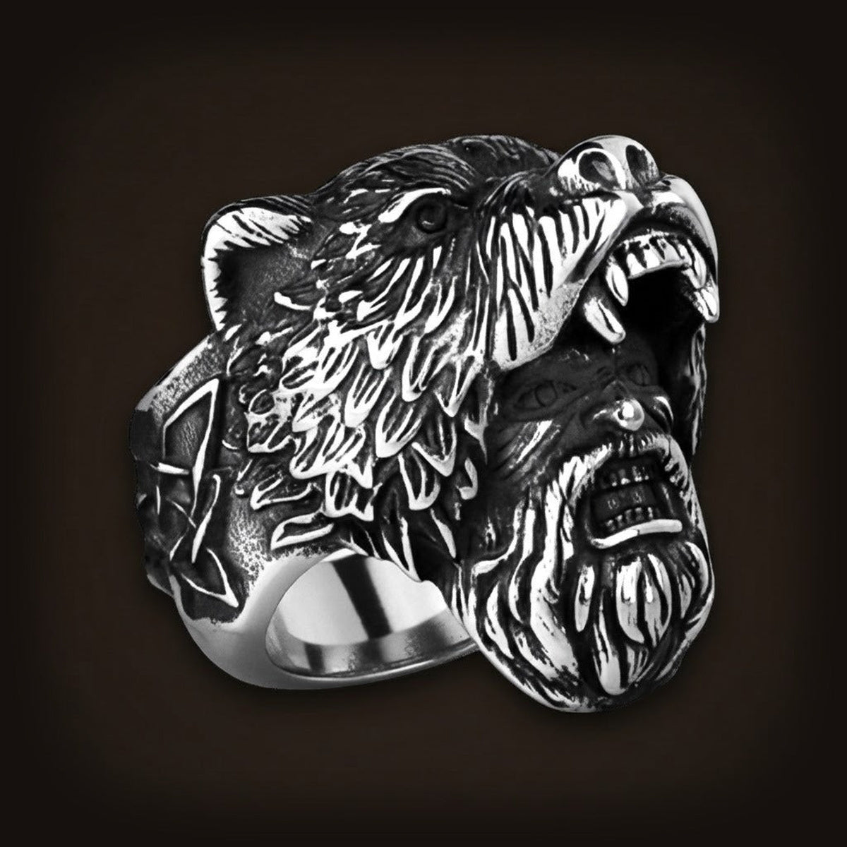 Bague viking chevalière tête ours berserker sculpture 3d en acier inoxydable.
