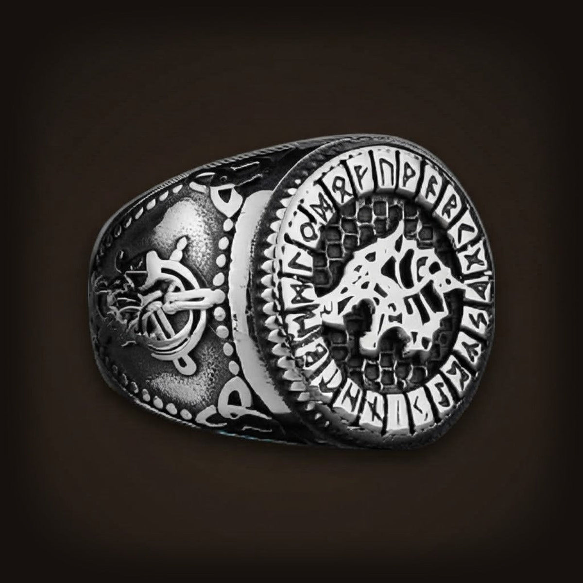 Bague viking chevalière sleipnir cheval huit pattes odin avec runes en acier inoxydable.