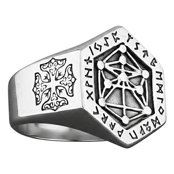 Bague viking chevaliere hexagonale yggdrasil arbre de vie avec runes en acier inoxydable.
