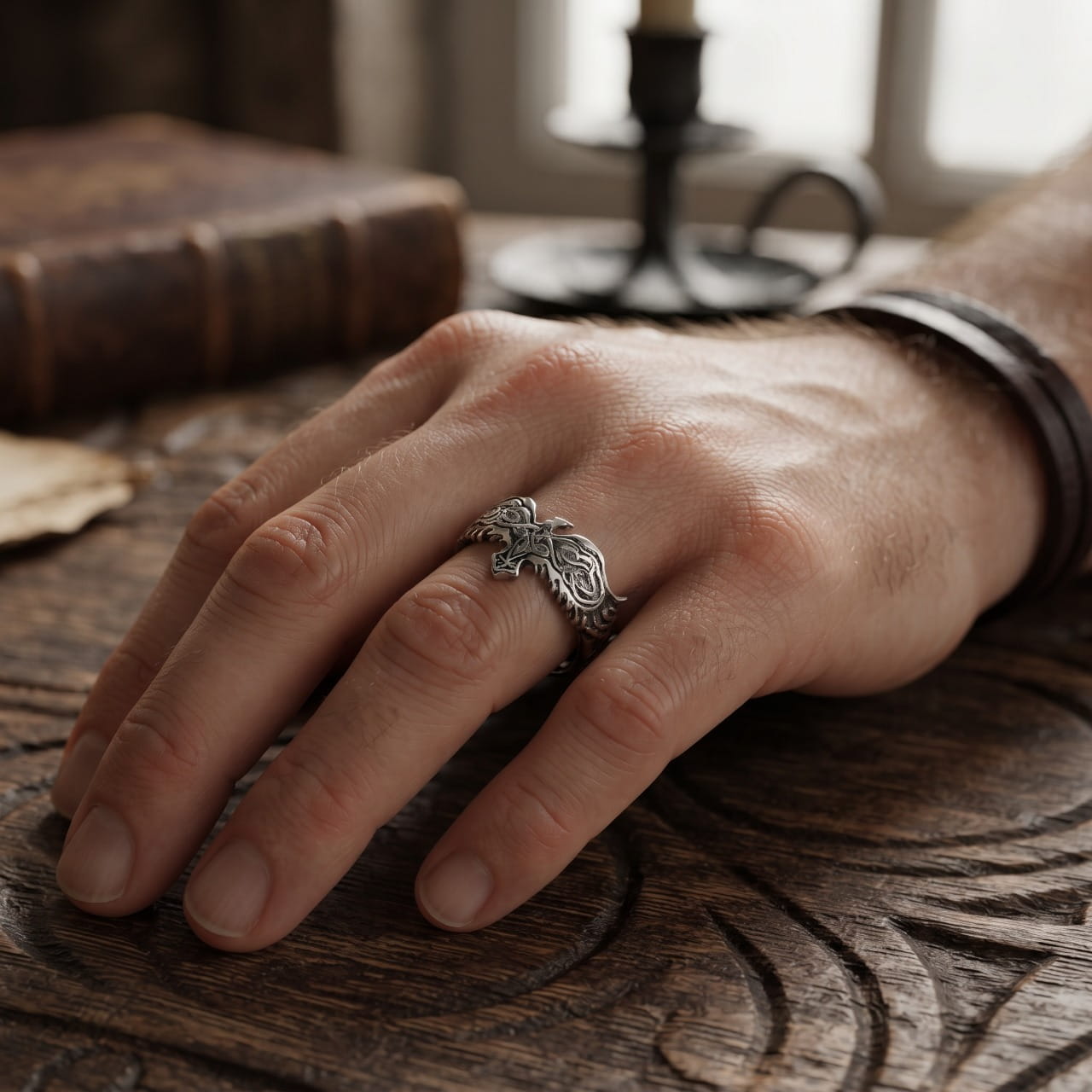 Bague en acier antique ciselée d'un corbeau et d'entrelacs portée à l'annulaire d'une main d'homme, bougie en arrière-plan