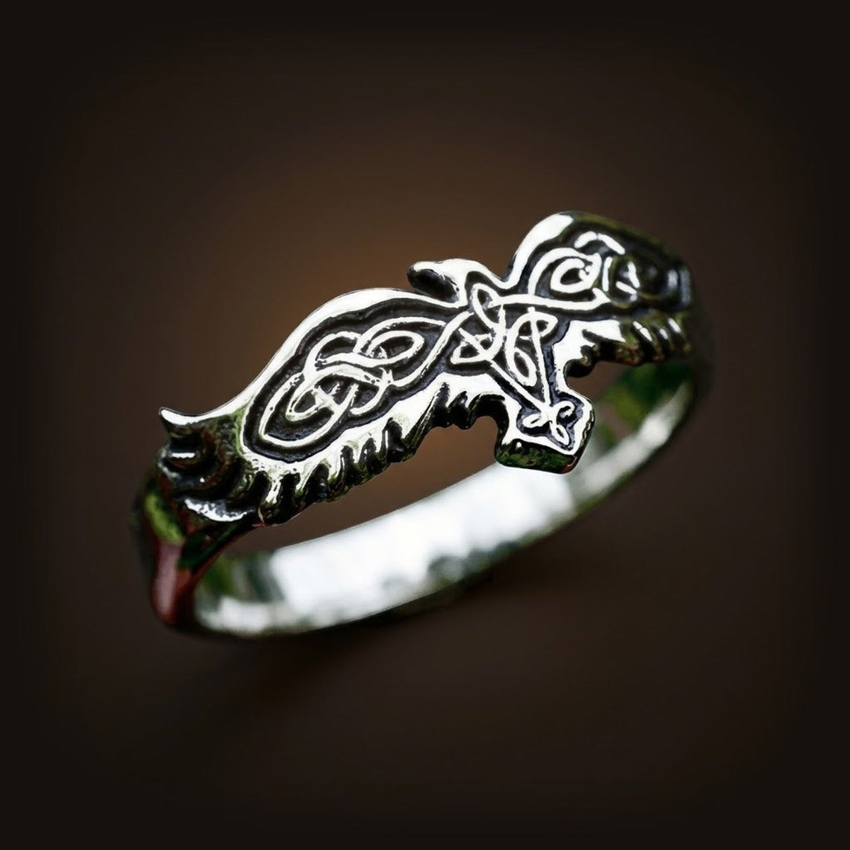 Bague Viking Corbeau Celtique Acier Antique - Huginn Muninn Corbeaux Odin Entrelacs Nordiques