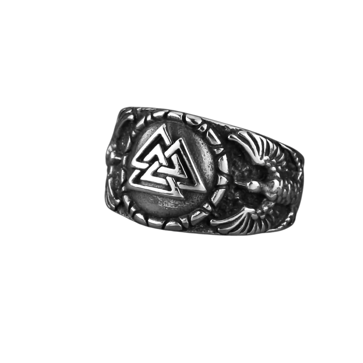 Chevalière viking en acier inoxydable, Valknut en relief et corbeau d'Odin, vue sous plusieurs angles, sur fond blanc
