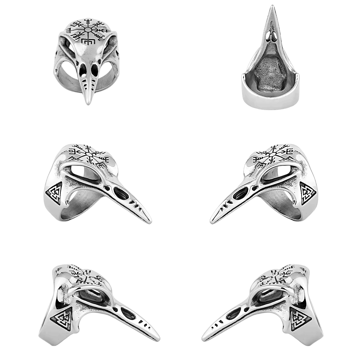 Bague viking crâne de corbeau en acier inoxydable, bec allongé et runes gravées, vue sous plusieurs angles, sur fond blanc