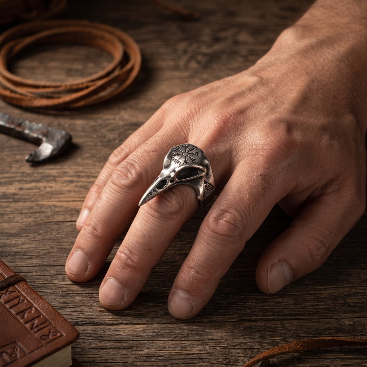 Bague en acier figurant un crâne de corbeau au bec allongé, portée à l'annulaire d'une main d'homme