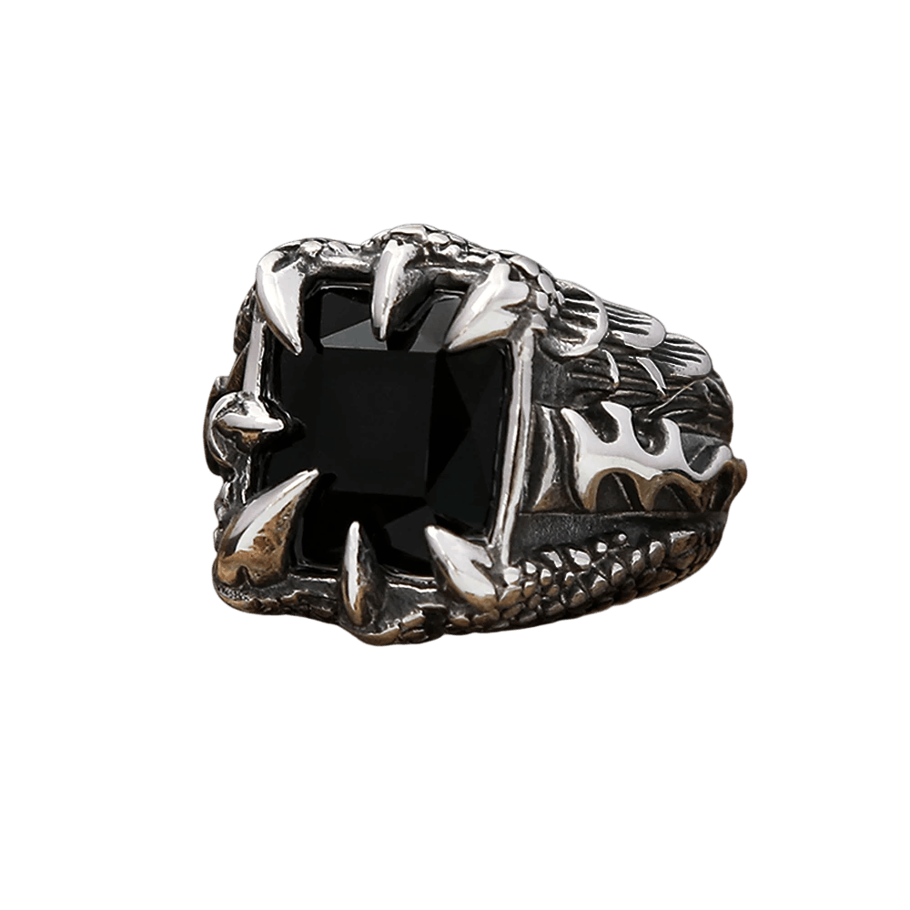 Bague viking griffe de dragon avec pierre noire en acier inoxydable