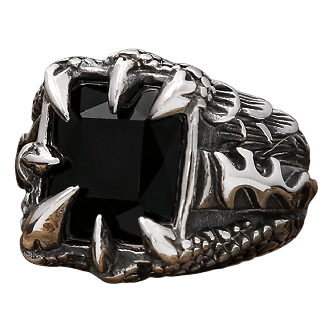Bague viking griffe de dragon avec pierre noire en acier inoxydable