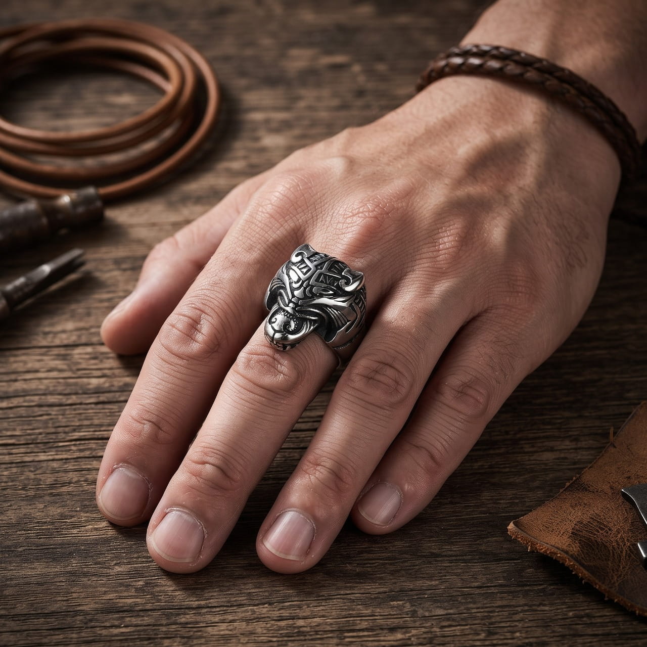 Bague en acier à tête de loup sculptée gueule ouverte, portée à l'annulaire d'une main d'homme