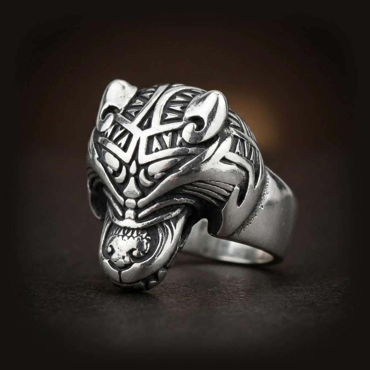 Bague viking loup en acier inoxydable, tête sculptée aux crocs relevés
