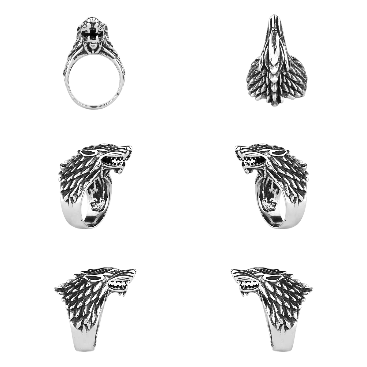 Bague viking loup en acier inoxydable, corps sculpté enveloppant vu sous plusieurs angles, sur fond blanc