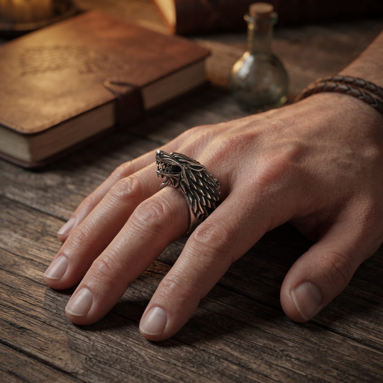 Bague en acier figurant un loup sculpté enroulé autour du doigt, portée à l'annulaire d'une main d'homme