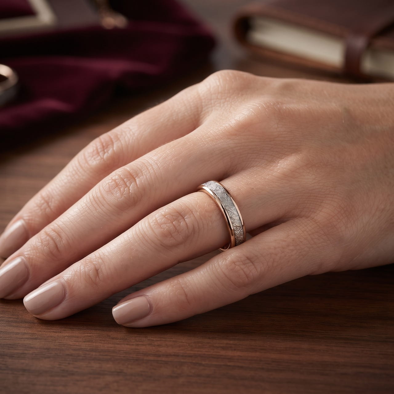 Bague fine en acier poli à motif météorite portée à l'annulaire d'une main posée sur une table en bois