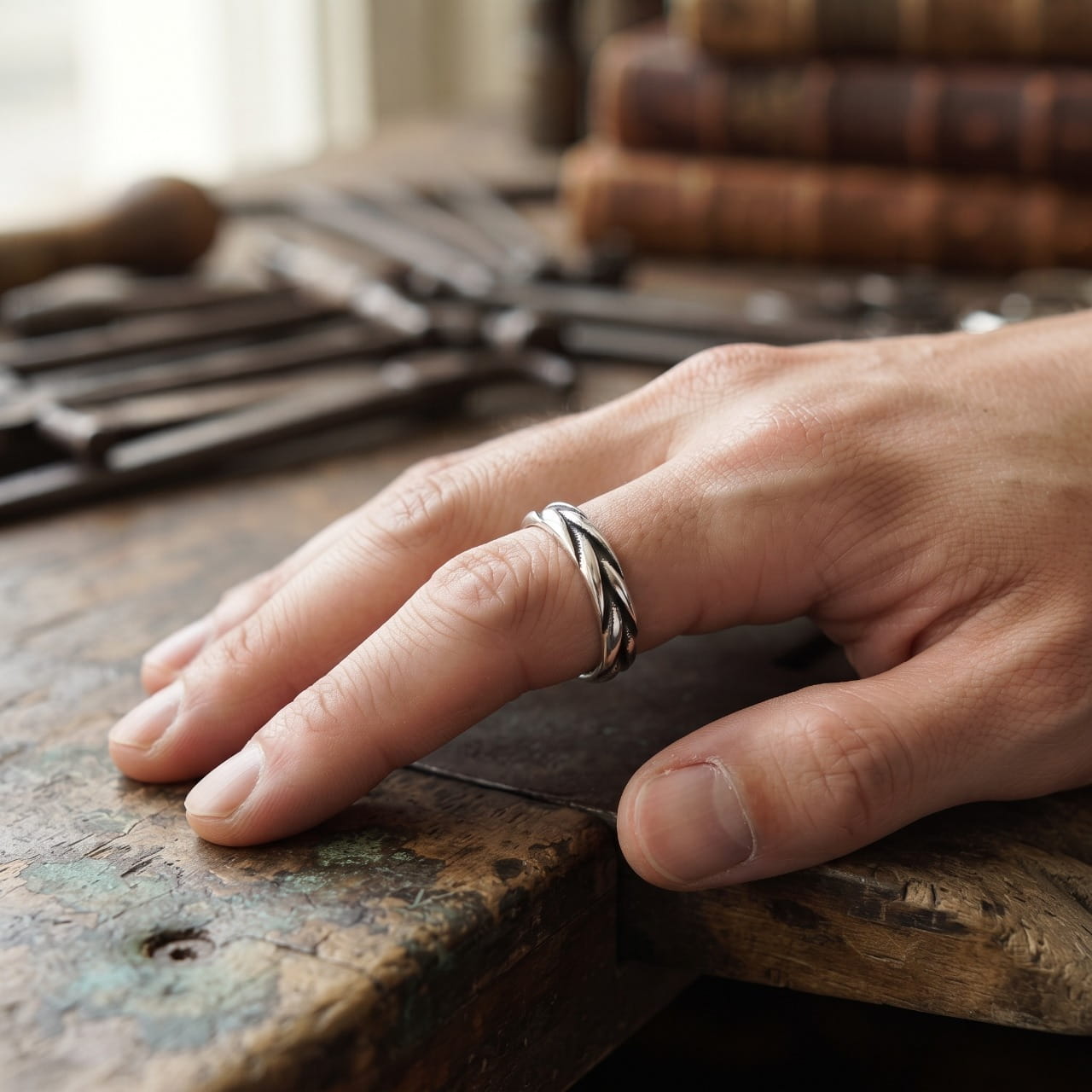 Bague fine en acier torsadé à nœud celtique portée à l'annulaire d'une main d'homme, outils d'atelier en arrière-plan