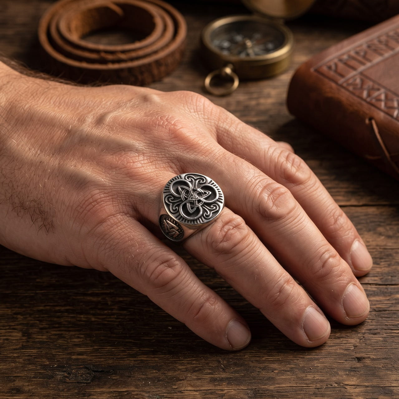 Bague chevalière ronde en acier gravée d'un nœud celtique, portée à l'annulaire d'une main d'homme